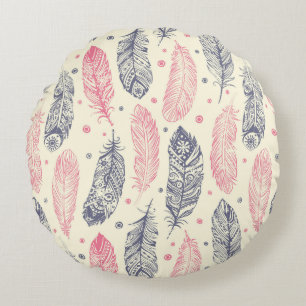 Pink And Purple Ethnic Feather Pattern Round Cushion