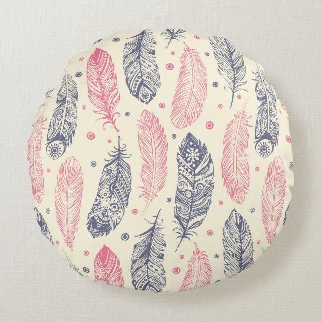 Pink And Purple Ethnic Feather Pattern Round Cushion (Front)