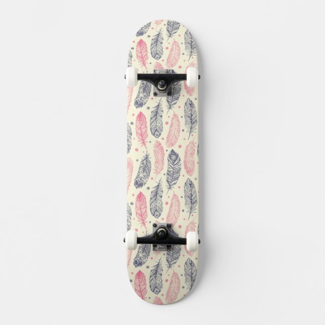 Pink And Purple Ethnic Feather Pattern Skateboard (Front)