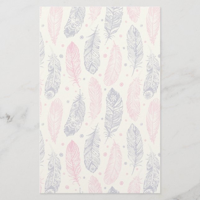 Pink And Purple Ethnic Feather Pattern Stationery (Front)