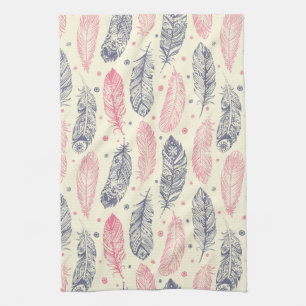 Pink And Purple Ethnic Feather Pattern Tea Towel