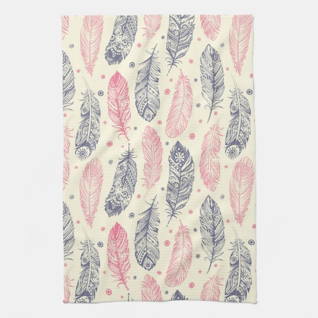 Pink And Purple Ethnic Feather Pattern Tea Towel (Vertical)