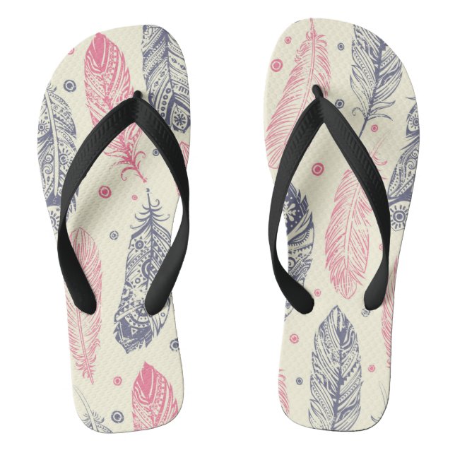 Pink And Purple Ethnic Feather Pattern Thongs (Footbed)