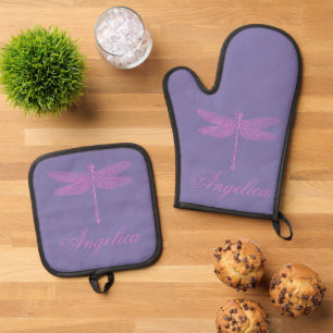 Pink and Purple Fantasy Dragonfly Personalise Oven Mitt & Pot Holder Set
