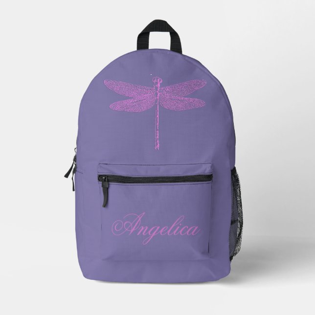 Pink and Purple Fantasy Dragonfly Personalise Printed Backpack (Front)