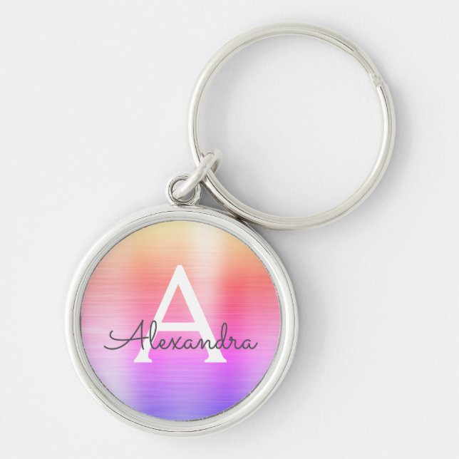 Pink and Purple Faux Stainless Steel Monogram Key Ring (Front)