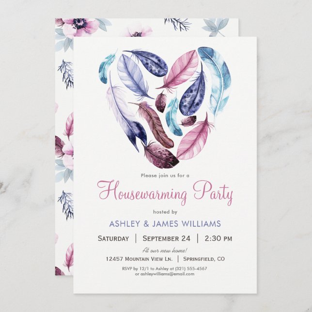 Pink and Purple Feathers Housewarming Party Invitation (Front/Back)