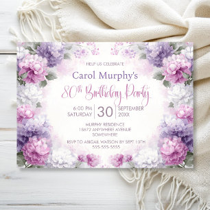 Pink and Purple Floral 80th Birthday Party Invitation