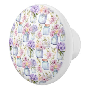 Pink and Purple Floral and Mason Jars Ceramic Knob