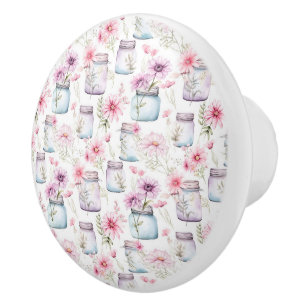 Pink and Purple Floral and Mason Jars Ceramic Knob