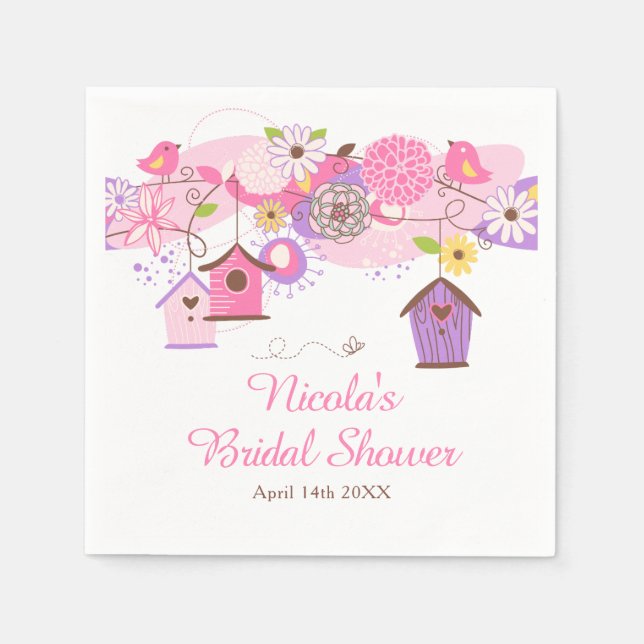 Pink and Purple Floral Bird Cages Bridal Shower Napkin (Front)