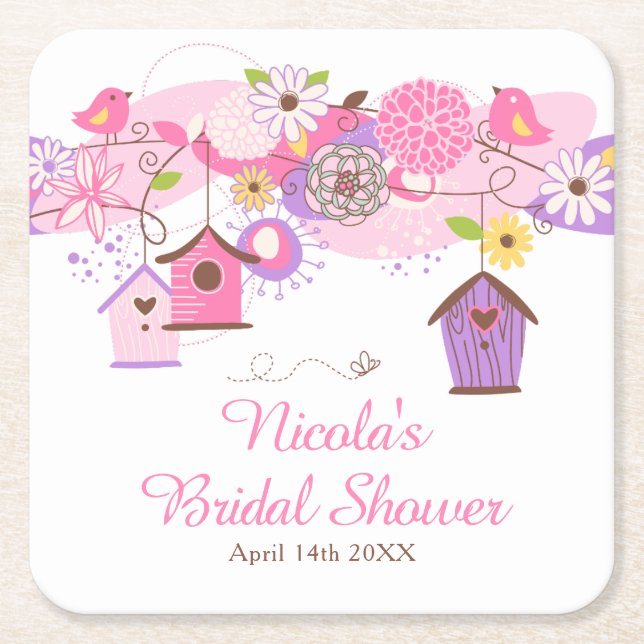 Pink and Purple Floral Bird Cages Bridal Shower Square Paper Coaster (Front)