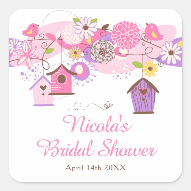 Pink and Purple Floral Bird Cages Bridal Shower Square Sticker (Front)