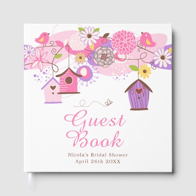 Pink and Purple Floral Bird Houses Bridal Shower Guest Book (Front)