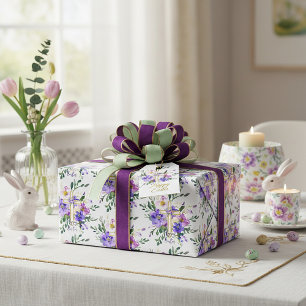 Pink and purple floral cross custom Easter  Wrapping Paper