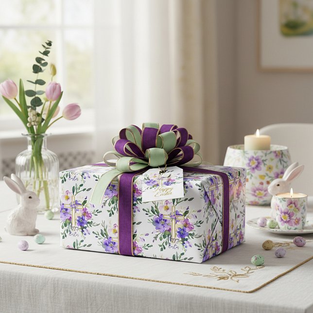 Pink and purple floral cross custom Easter  Wrapping Paper (Creator Uploaded)