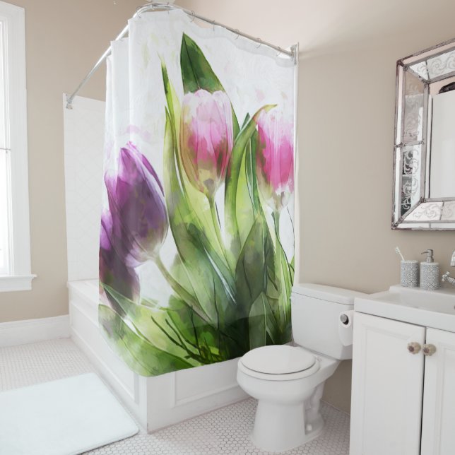 Pink And Purple Floral Design Shower Curtain (In Situ)
