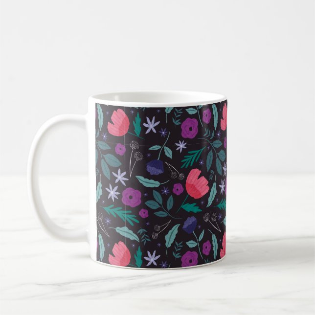 Pink and Purple Floral Illustration Pattern Coffee Mug (Left)
