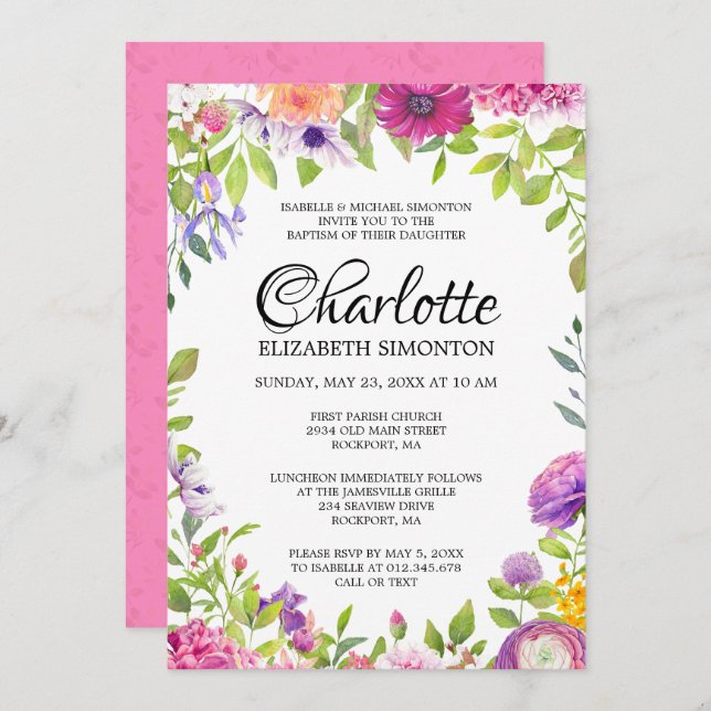 Pink and Purple Floral Watercolor Baptism Invitation (Front/Back)