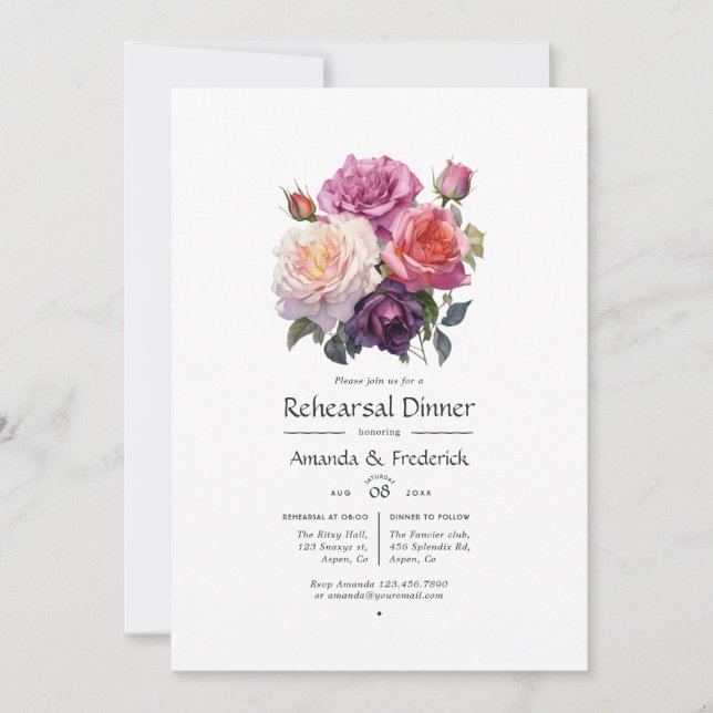 Pink and Purple Floral Wedding Rehearsal Dinner Invitation (Front)