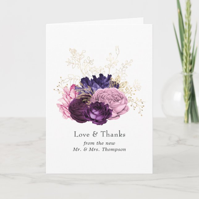 Pink and Purple Floral Wedding Thank You Card (Front)