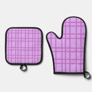 Pink and purple flower checkered pattern oven mitt & pot holder set