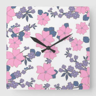 PINK AND PURPLE FLOWER PATTERN SQUARE WALL CLOCK