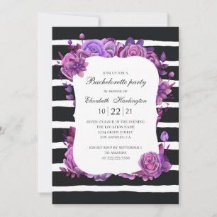 Pink and purple flower. Striped bachelorette party Invitation