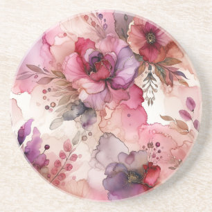 Pink and Purple Flowers Alcohol Ink Illustration Coaster