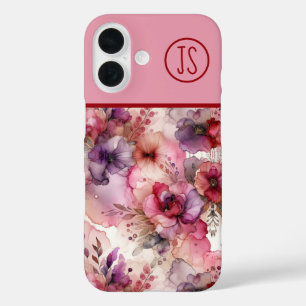 Pink and Purple Flowers Alcohol Ink Monogrammed iPhone 16 Case