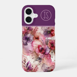 Pink and Purple Flowers Alcohol Ink Monogrammed iPhone 16 Case