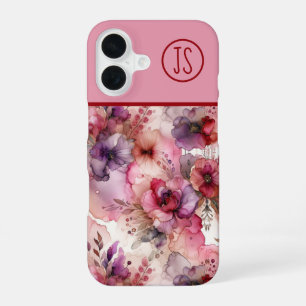 Pink and Purple Flowers Alcohol Ink Monogrammed iPhone 16 Case