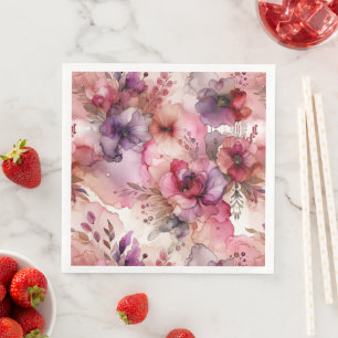 Pink and Purple Flowers Alcohol Ink Style Napkin