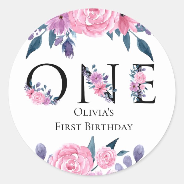 Pink and Purple Flowers First Birthday Classic Round Sticker (Front)