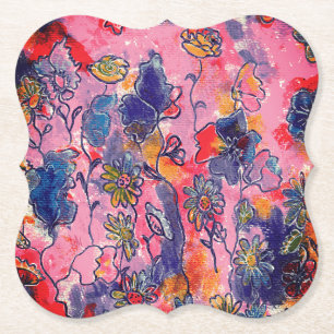 Pink and Purple Flowers Garden Original Watercolor Paper Coaster