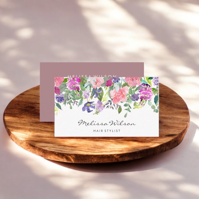 Pink And Purple Flowers Modern Handwriting Business Card (Creator Uploaded)