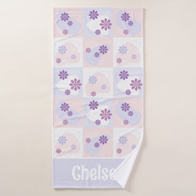 Pink and Purple Flowers on Pastel Checkers Bath Towel (Bath Towel)