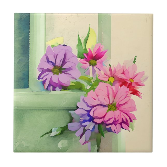 Pink and Purple Flowers on Window Sill Ceramic Tile (Front)