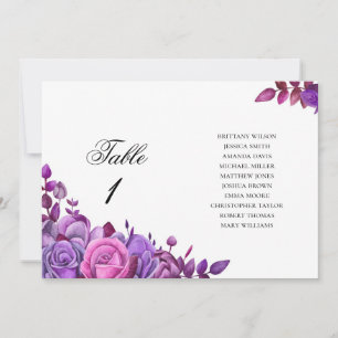 Pink and purple flowers. Wedding seating chart Invitation