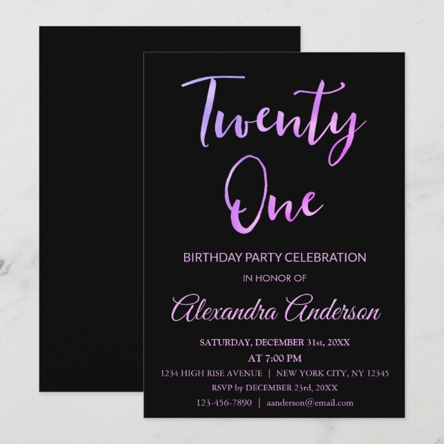 Pink and Purple Foil Twenty One 21st Birthday Invitation (Front/Back)