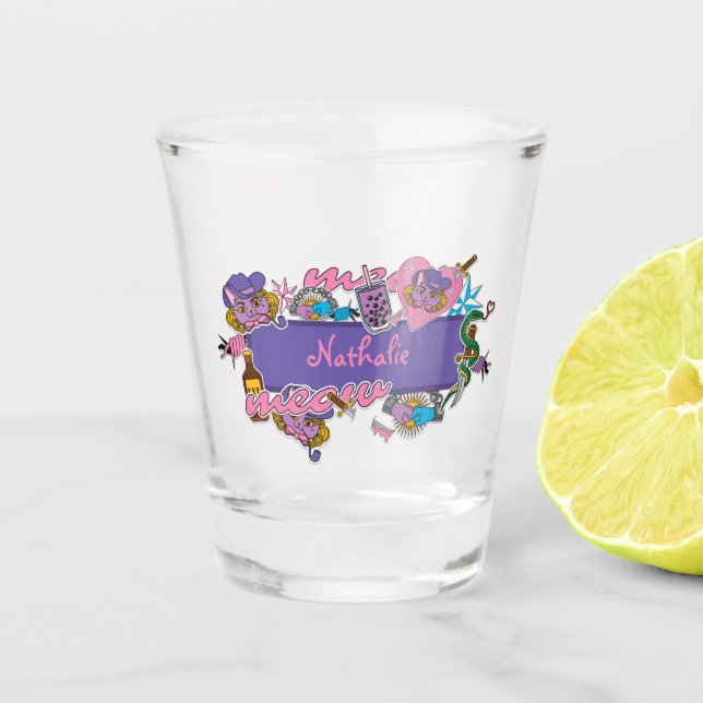 Pink and purple fun bar sticker on shot glass (Front)