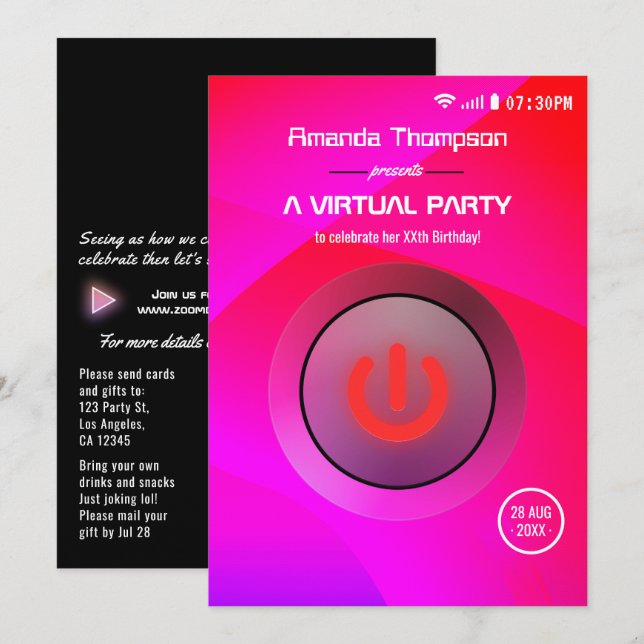 Pink and Purple Geometric Virtual Birthday Party Invitation (Front/Back)