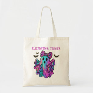 Pink and Purple Girl Ghost With Bow Trick or Treat Tote Bag