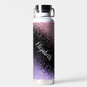 Pink and Purple Glitter on Black Water Bottle