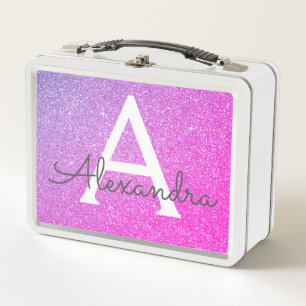 Pink and Purple Glitter & Sparkle Monogram Metal Lunch Box