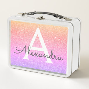 Pink and Purple Glitter & Sparkle Monogram Metal Lunch Box