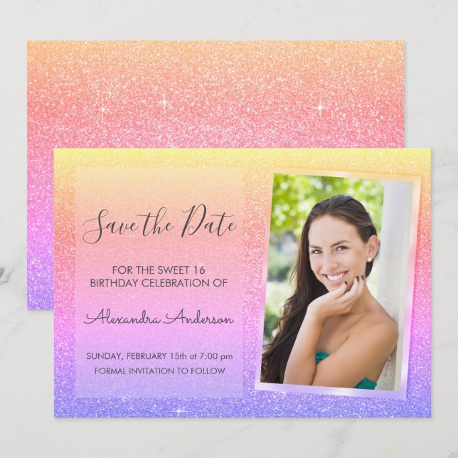 Pink and Purple Glitter Sweet 16 Save the Date Invitation (Front/Back)