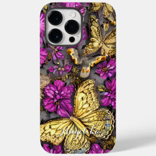 Pink and Purple Gold Butterflies Personalised Name Case-Mate iPhone 14 Pro Max Case