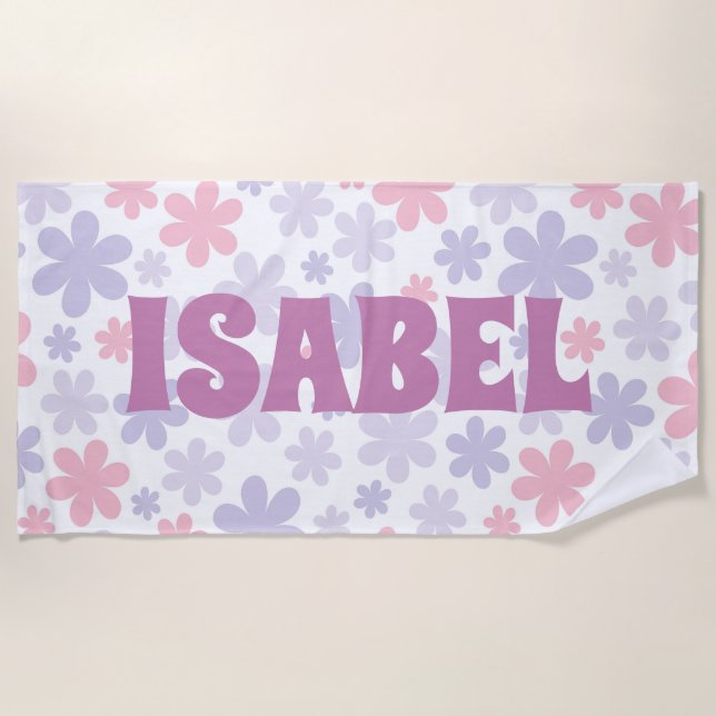 Pink and Purple Groovy Floral Custom Name Beach Towel (Front)