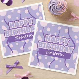 Pink And Purple Happy Birthday Napkin With Name